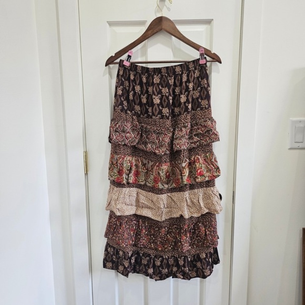 Lula LuKen Broomskirts Tiered‎ Ruffle Skirt Paisley Floral Brown Small Boho Chic